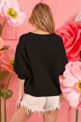 BiBi Metallic Letter Puff Sleeve Hairy Sweater OutfitFlow